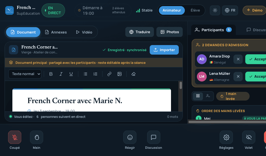 Live French Corner call room with shared document and participant panel