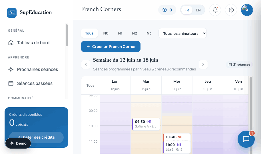 Weekly scheduling grid for French Corner sessions