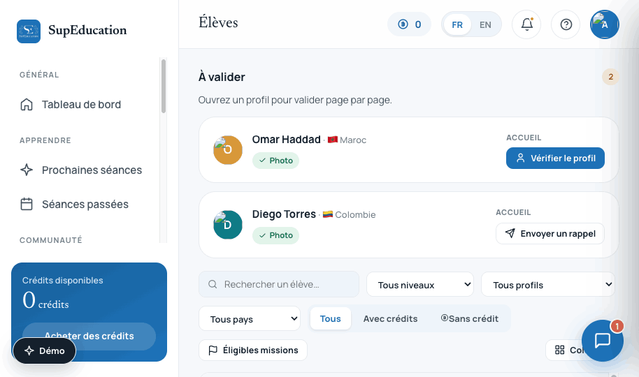 Queue of new learner profiles awaiting validation