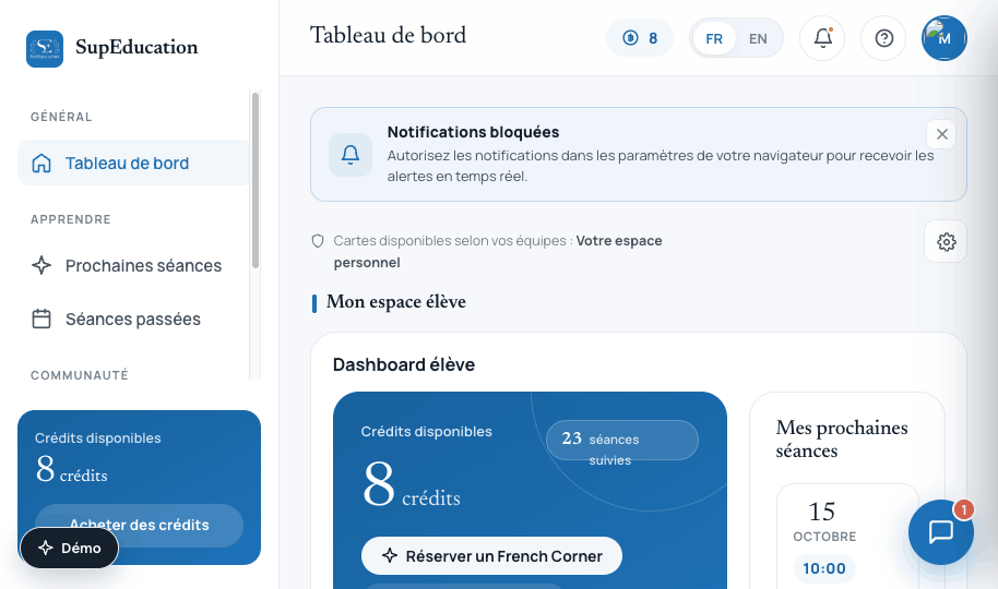 Learner dashboard showing credits and upcoming sessions