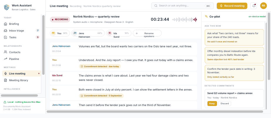 Live meeting transcript with co-pilot rail